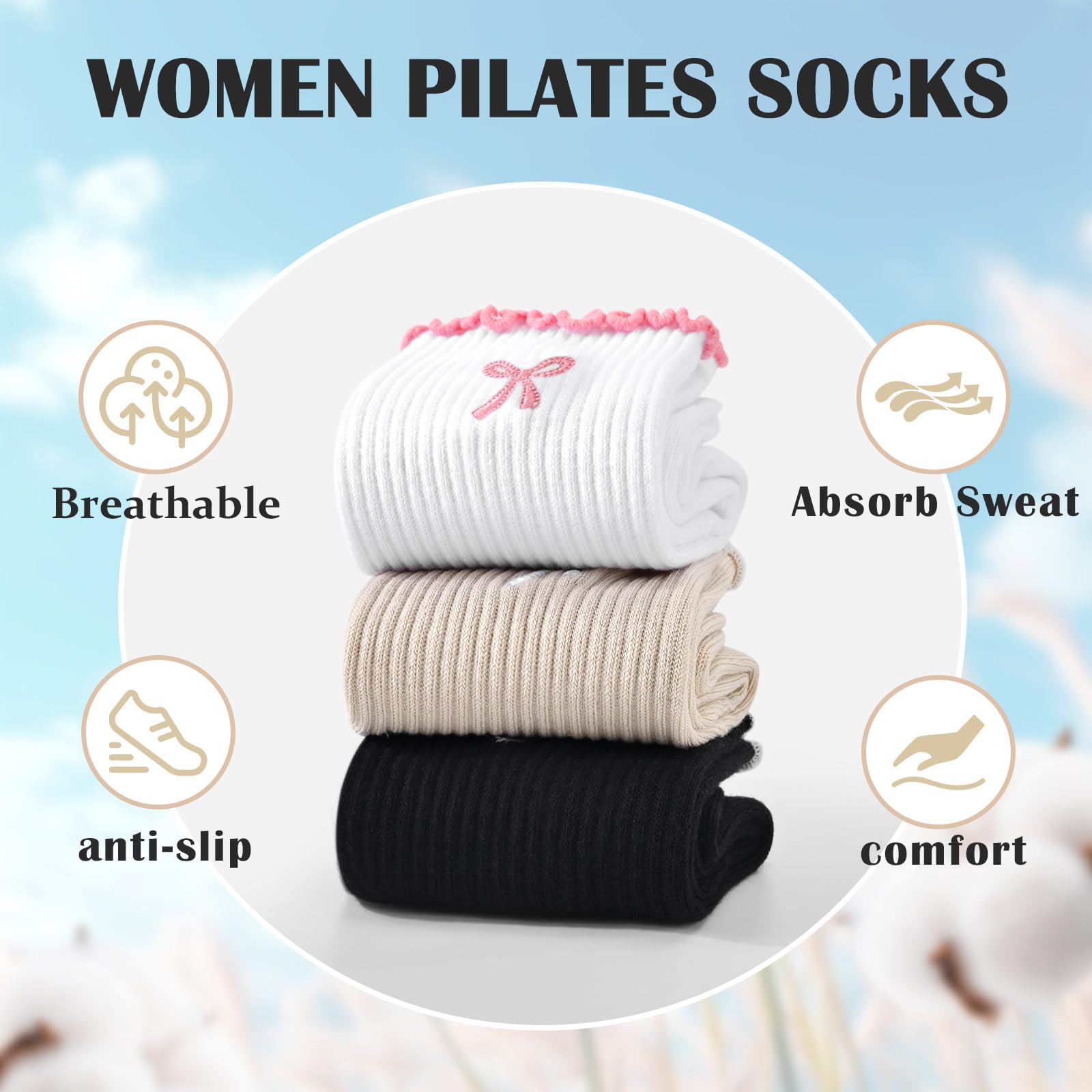3組の滑り止めグリップ付きピラティスソックス、純綿通気性ヨガ - Medias Para Pilates Y Yoga のレビューと価格